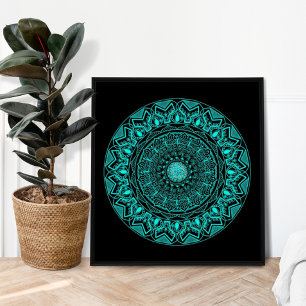 Modernes Mandala Black Turquoise Elegant Poster