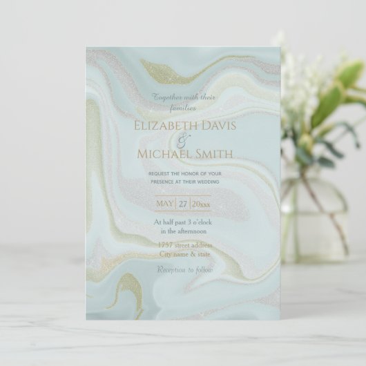 Modernes Marble Blue Gold Glitzer Hintergrund Einladung (Stehend Vorderseite)