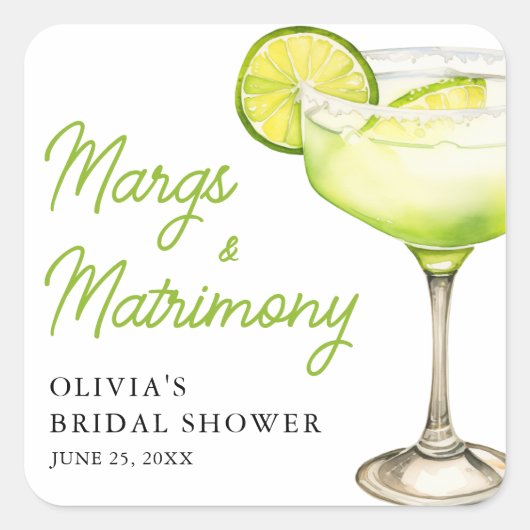 Modernes Margs & Matrimons Cocktail Brautparty Quadratischer Aufkleber (Vorderseite)