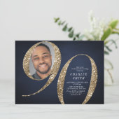 Modernes Marineboldgold Foto 90. Geburtstag Einladung (Stehend Vorderseite)