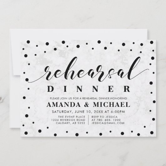 Modernes Marmor & Script Hochzeit Probe Dinner in  Einladung (Vorderseite)