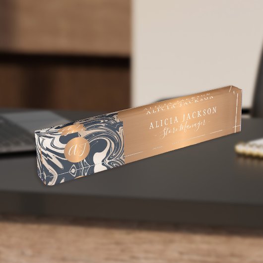 Modernes Marmormuster schwarzes Gold mit Monogramm Namensplakette