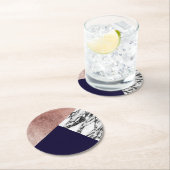 Modernes MarmorRosen-Gold-und Marine-Blau Tricut Runder Pappuntersetzer (Vor Ort)