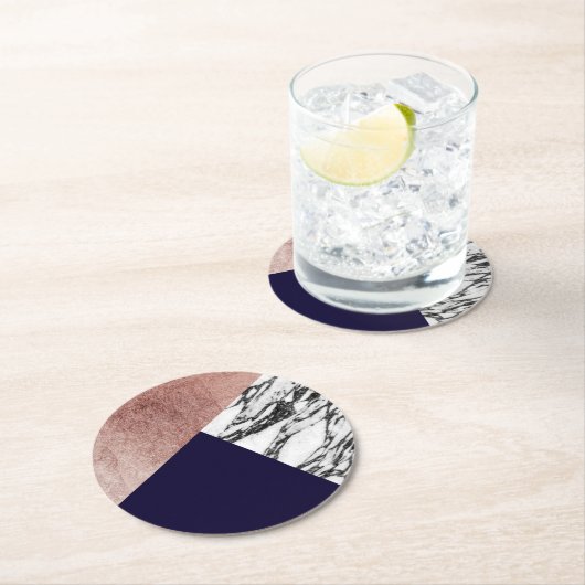 Modernes MarmorRosen-Gold-und Marine-Blau Tricut Runder Pappuntersetzer (Vor Ort)