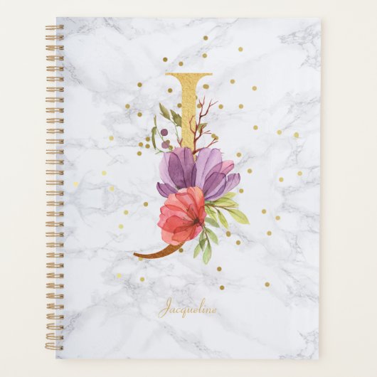 Modernes Marmorwasser Golden Monogram Letter J Planer (Vorderseite)