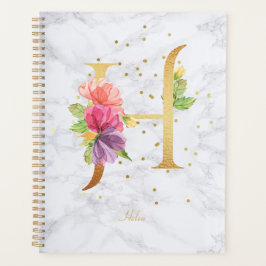 Modernes Marmorwasser goldenes Monogramm Letter H Planer