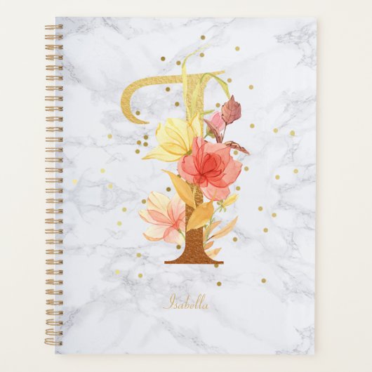 Modernes Marmorwasser goldenes Monogramm Letter I Planer (Vorderseite)