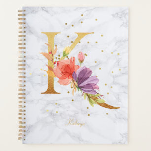 Modernes Marmorwasser goldenes Monogramm Letter K Planer