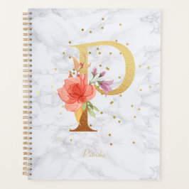 Modernes Marmorwasser, Goldenes Monogramm Letter P Planer