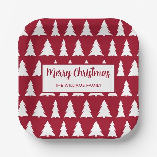 Modernes Maroon White Tree Muster Weihnachtsgebäck Pappteller (Vorderseite)