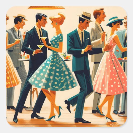 Modernes Martinis Tanzcocktail Party Mitte des Jah Quadratischer Aufkleber (Vorderseite)