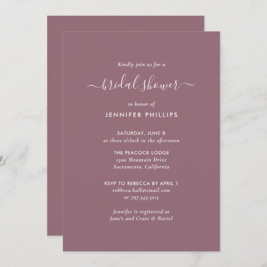 Modernes Mauve Minimalistisches Script-Brautparty Einladung (Vorne/Hinten)