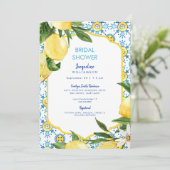 Modernes Mediterranes Blau und Zitronen-Brautparty Einladung (Stehend Vorderseite)