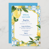 Modernes Mediterranes Blau und Zitronen-Brautparty Einladung (Vorne/Hinten)