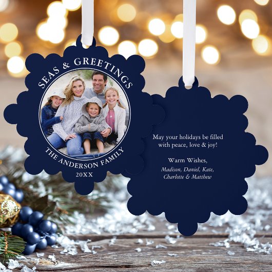 Modernes Meer und Grüße Foto Blau Ornament Karte