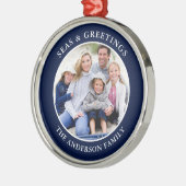 Modernes Meer und Grüße Foto Blue Metal Ornament Aus Metall (Links)