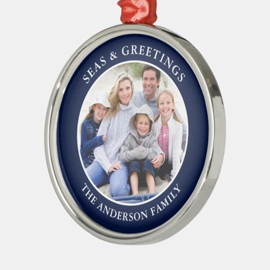 Modernes Meer und Grüße Foto Blue Metal Ornament Aus Metall (Links)