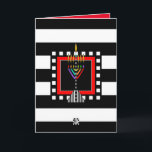 Modernes Menorah Shabbat Shalom Karte<br><div class="desc">Diese Karte mit ihrem unverwechselbaren Stil besticht durch eine moderne,  farbenfrohe Menorah über fett schwarz-weiße Streifen. Innenausweis grenzt an und koordiniert für Ihr Schreibgenuss und sagt "Shabbat Shalom". ~ Karyn</div>