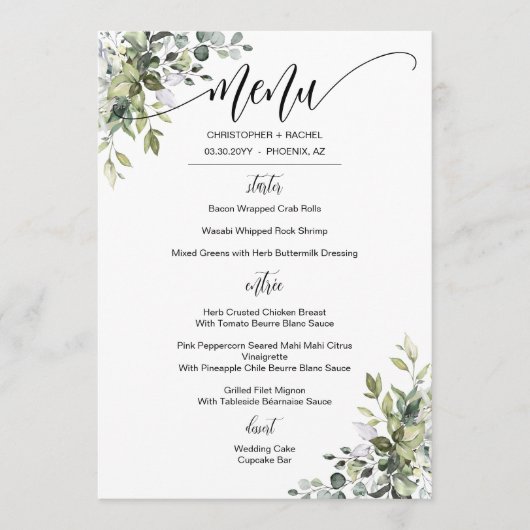 Modernes Menü für Hochzeitsfeiern im Grünen Menükarte (Vorderseite)