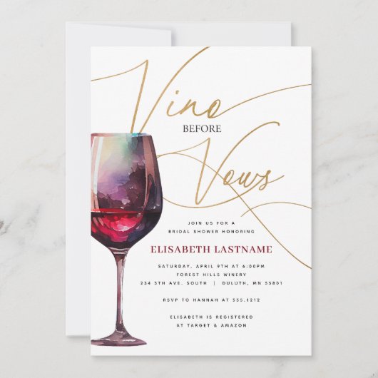 Modernes Merlot Gold Vino vor Vows Brautparty Einladung (Vorderseite)