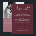 Modernes Merlot-Hochzeitmenü mit Foto Back Menükarte<br><div class="desc">Merlot / Burgund / Wine Wedding Menu: Dieses moderne Hochzeitsmenü verfügt über handgeschriebenen Text auf einem Merlot Hintergrund auf der Vorderseite mit dem Foto des Paares und danke Ihnen Nachricht auf der Rückseite. Es ist das perfekte zweiseitige Hochzeitsmenü,  das sowohl als Menü als auch als Geschenk dient.</div>