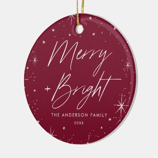 Modernes Merry-and-Bright-Script Cranberry-Foto Keramik Ornament (Links)