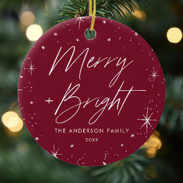 Modernes Merry-and-Bright-Script Cranberry-Foto Keramik Ornament
