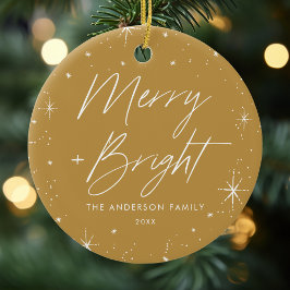 Modernes Merry-and-Bright-Script-Gold-Foto Keramik Ornament
