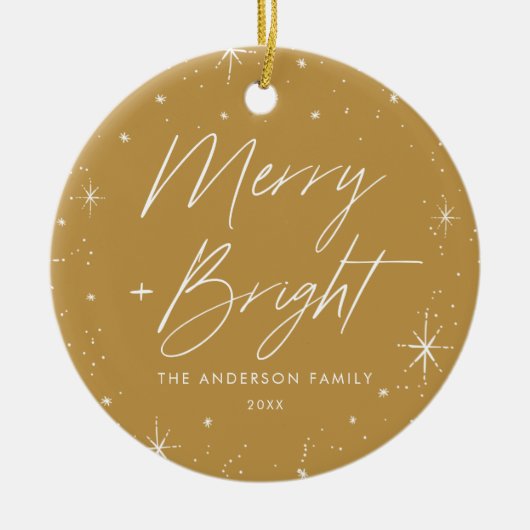 Modernes Merry-and-Bright-Script-Gold-Foto Keramik Ornament (Vorne)