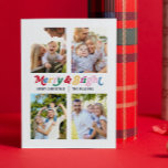 Modernes Merry & Bright Retro 4 Foto Feiertagskarte<br><div class="desc">Willkommen in dieser Weihnachtszeit mit einer herzlichen und modernen Grußkarte, die Ihre Freunde und Familie lächeln wird. Unsere moderne Merry & Bright Retro 4 Foto Weihnachtskarte ist die perfekte Art, die Nostalgie der Feriensaison zu erleben und bleibende Erinnerungen zu schaffen. Die Karte zeichnet sich durch ein fröhliches und helles Muster...</div>