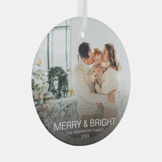 Modernes Merry & Bright Stilvolles Foto Ornament Aus Glas (Vorderseite Rechts)