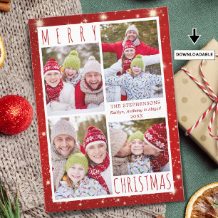 Modernes MERRY CHRISTMAS 4 Foto Collage Red Lights Feiertagskarte