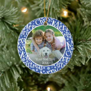 Modernes MERRY CHRISTMAS Blue Snowflake Foto Keramik Ornament