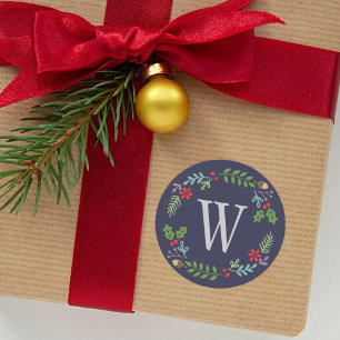 Modernes Midnight Blue Monogram Holiday Wreath Runder Aufkleber