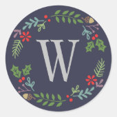 Modernes Midnight Blue Monogram Holiday Wreath Runder Aufkleber (Vorderseite)