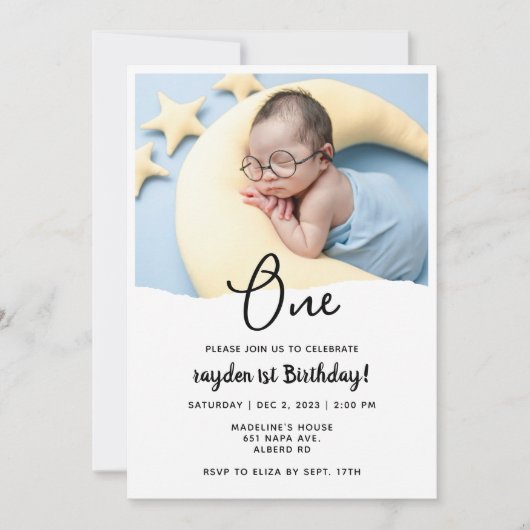 Modernes Minimal 1. Geburtstag Foto Einladung (Vorderseite)