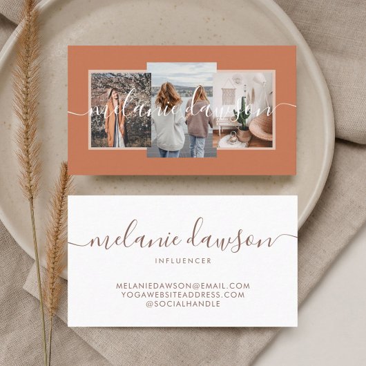 Modernes Minimal 3 Foto Social Influencer Orange Visitenkarte