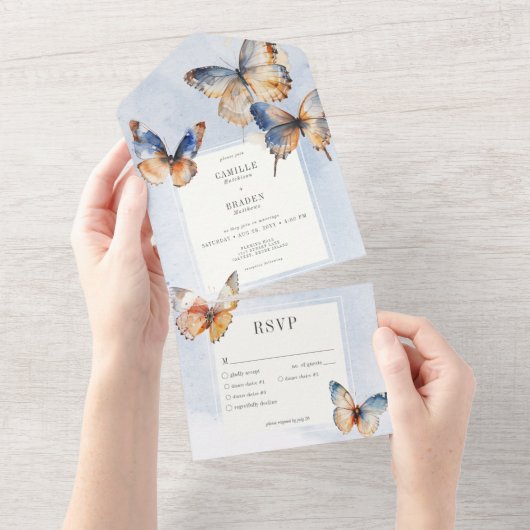 Modernes Minimal Blue & Rust Butterfisch Abendesse All In One Einladung (Abreißen)