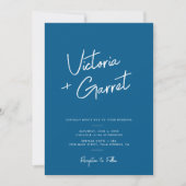 Modernes Minimal Blue Script Foto Hochzeit Einladung (Vorderseite)