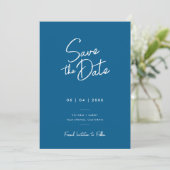 Modernes Minimal Blue Script Foto Hochzeit Save The Date (Stehend Vorderseite)