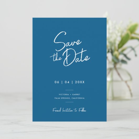 Modernes Minimal Blue Script Foto Hochzeit Save The Date (Stehend Vorderseite)