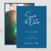 Modernes Minimal Blue Script Foto Hochzeit Save The Date (Vorne/Hinten)