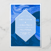 Modernes Minimal Blue Waves Abstrakter Hochzeitssi Folieneinladung (Vorderseite)