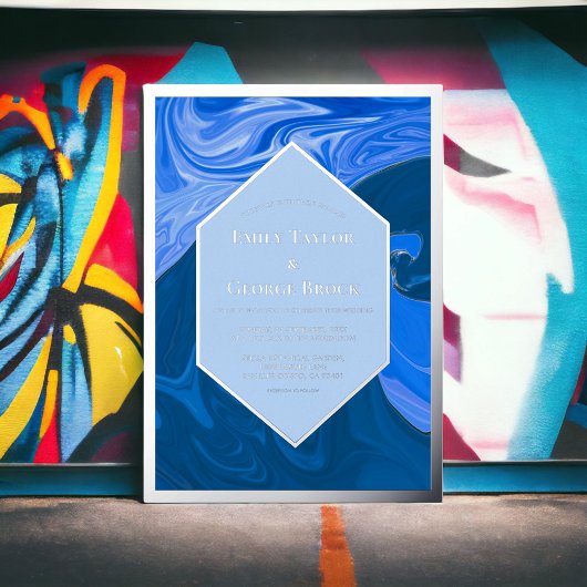 Modernes Minimal Blue Waves Abstrakter Hochzeitssi Folieneinladung