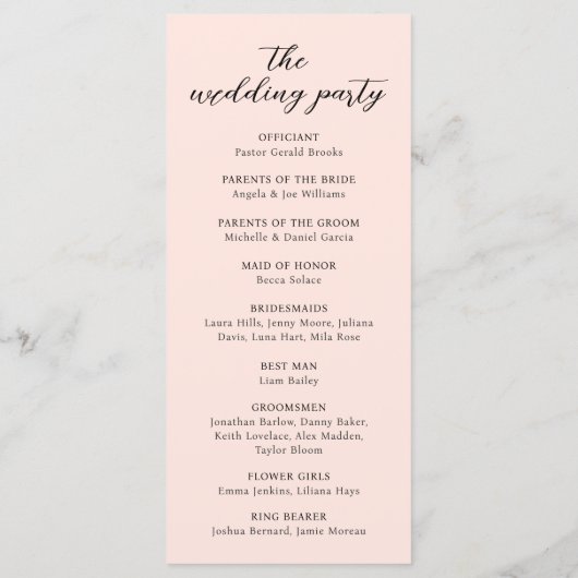 Modernes Minimal Blush Pink Hochzeitsfeierprogramm (Rückseite)