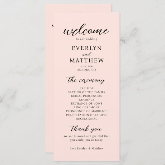 Modernes Minimal Blush Pink Hochzeitsfeierprogramm (Vorne/Hinten)