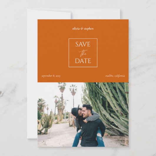 Modernes Minimal Burnt Orange Typografy Foto Save The Date (Vorderseite)