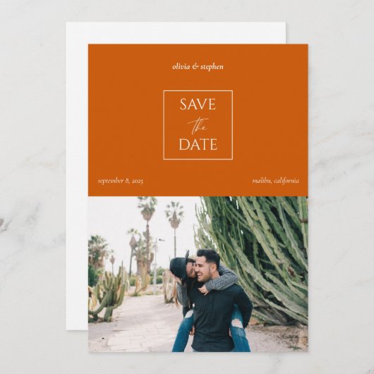 Modernes Minimal Burnt Orange Typografy Foto Save The Date (Vorne/Hinten)