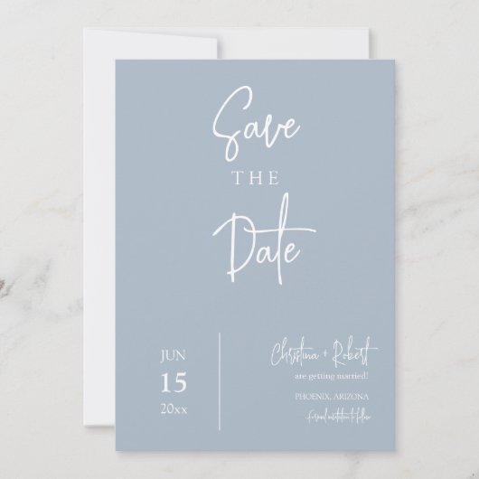 Modernes Minimal Dusty Blue Boho Save the Date Fot Einladung (Vorderseite)