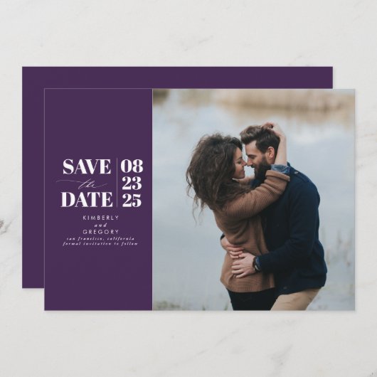 Modernes Minimal-Eggplant Lila Save the Date Foto (Vorne/Hinten)